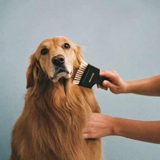 A long-haired dog being brushed out
